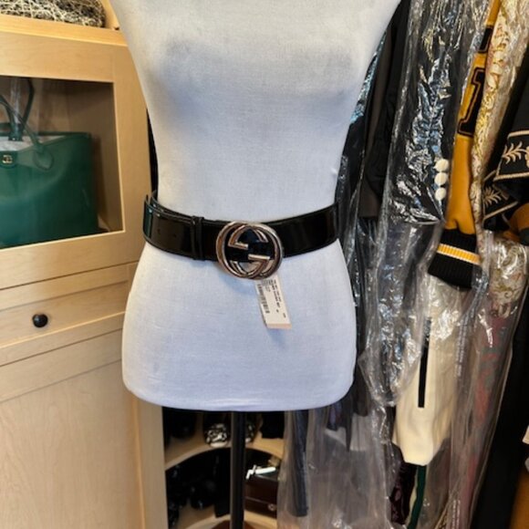 Gucci Interlocking G Logo Patent Leather Black Belt - Picture 1 of 8